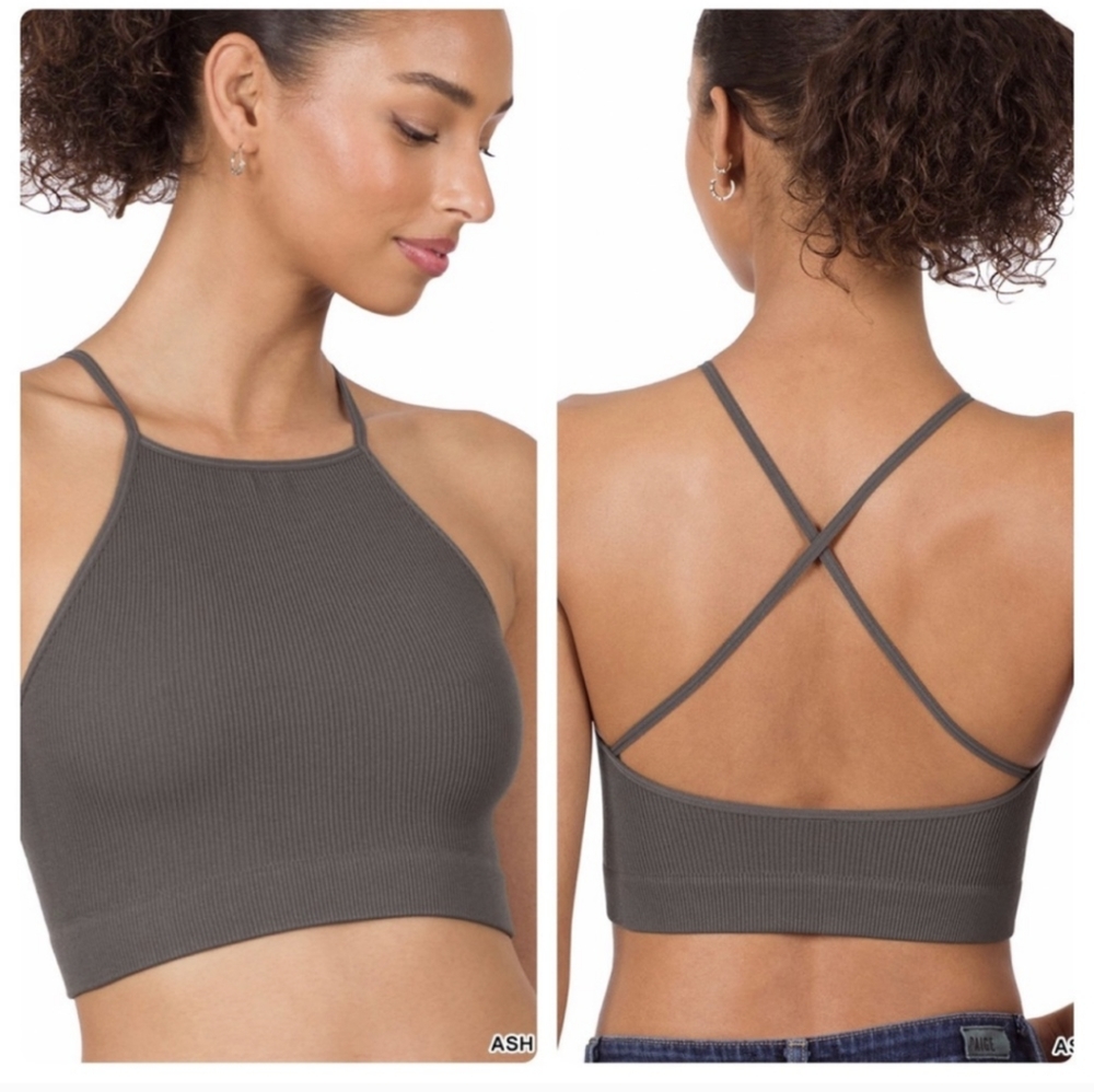 Dark Grey Ribbed Seamless Cami Crop Top w/ Criss-Cross Back